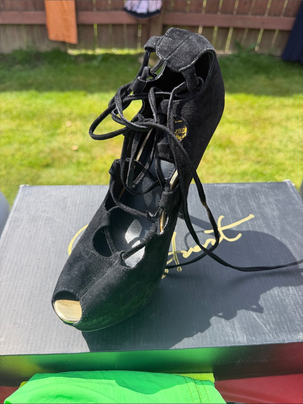 Colin Stuart Black Suede Lace-Up Peep Toe Platform Heels